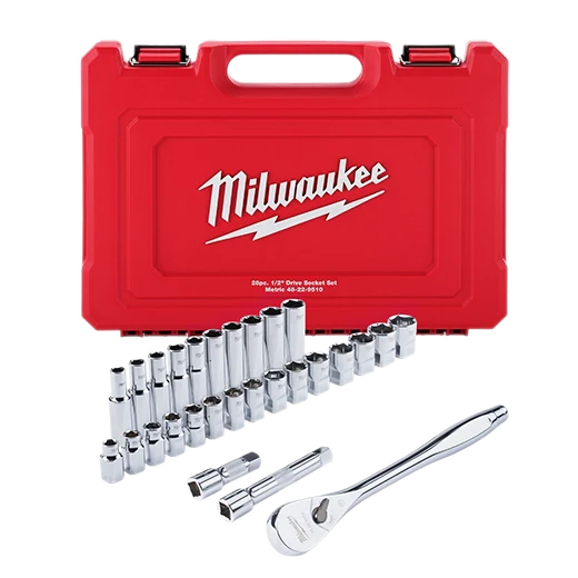 28 pc 1/2" Drive Metric Ratchet and Socket Set with FOUR FLAT™ Sides